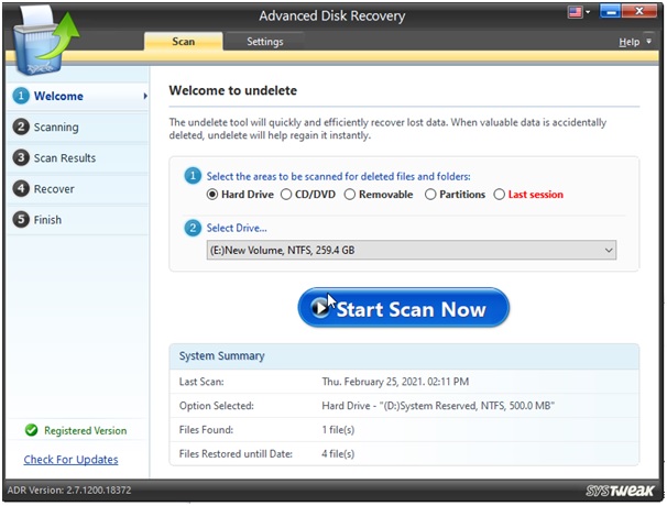 Advanced Disk Recovery Scan start