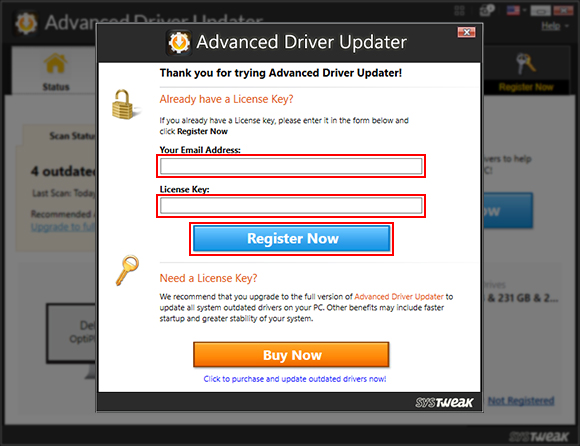 In the new window that opens, copy and paste your email id and license key in the respective fields.