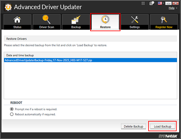 Select the backup of the respective date and click on Load Backup button.