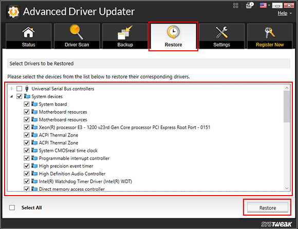 Now, check mark the device driver you wish to restore and click on Restore button.