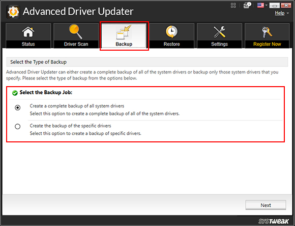Here, select the type of backup you wish to take, whether a full backup or backup of specific drivers and click Next.