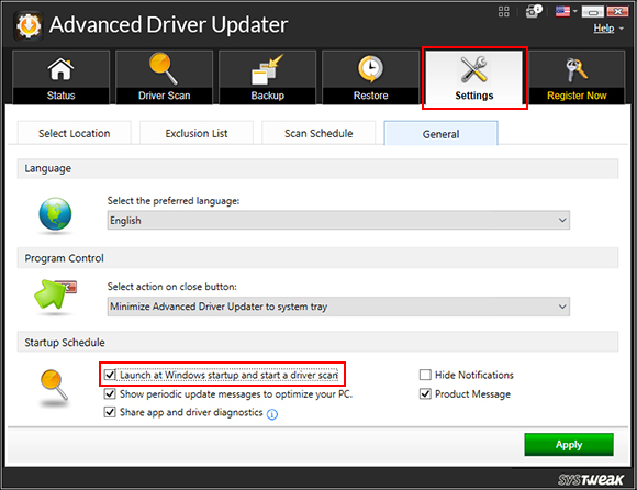 Click on the Settings > General tab and uncheck the setting 'Launch at Windows startup and start a driver scan'.