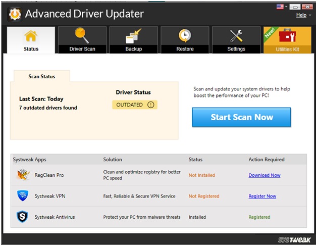 Advanced driver updater scan process