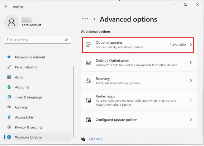 Click on optional updates