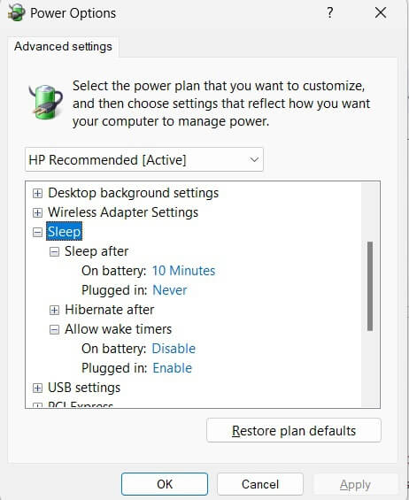 advanced settings tab in power option