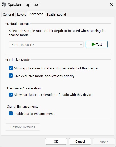 Advanced tab in speaker properties