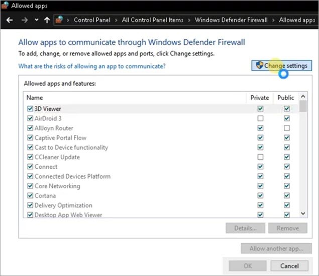 Click Change Settings