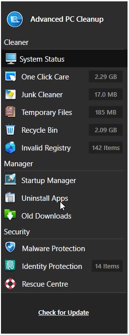 Advanced PC Cleanup system status tab