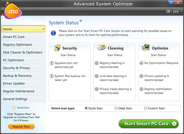 Advance System Optimizer System Status