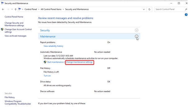 click Change maintenance settings