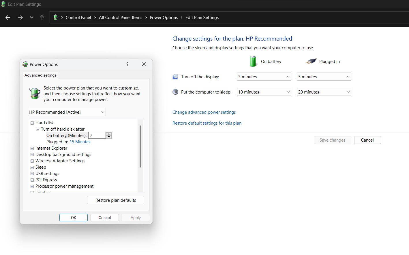change setting for power option