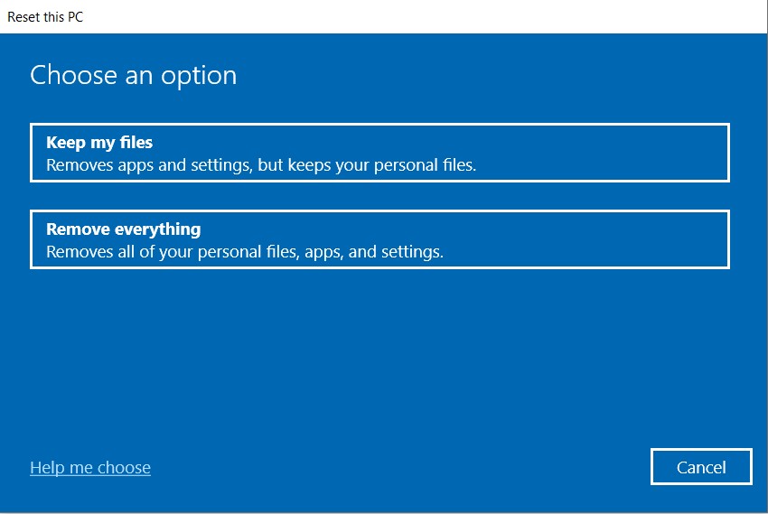 Choose an option to reset the pc