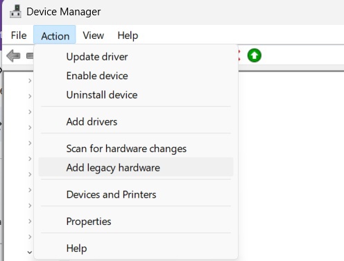 click Action tab in device manager window