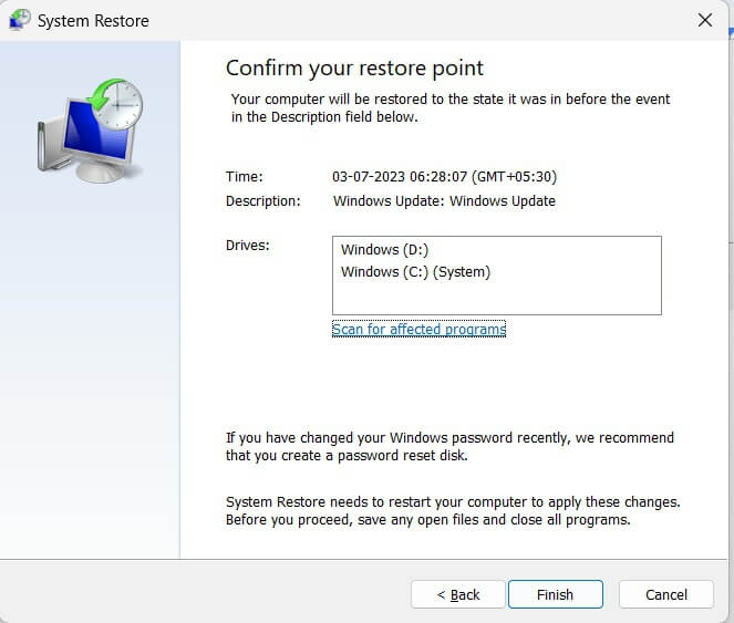 confirm your restore point