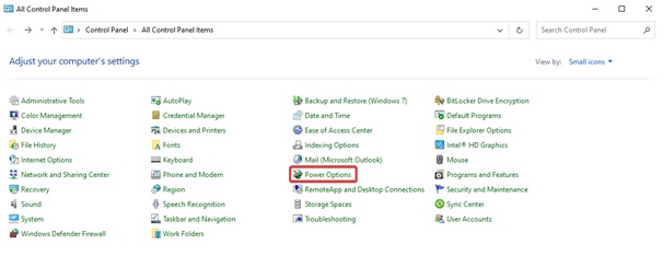 look for Power Options