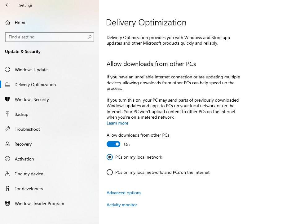 toggle off the button underneath Allow downloads from other PCs