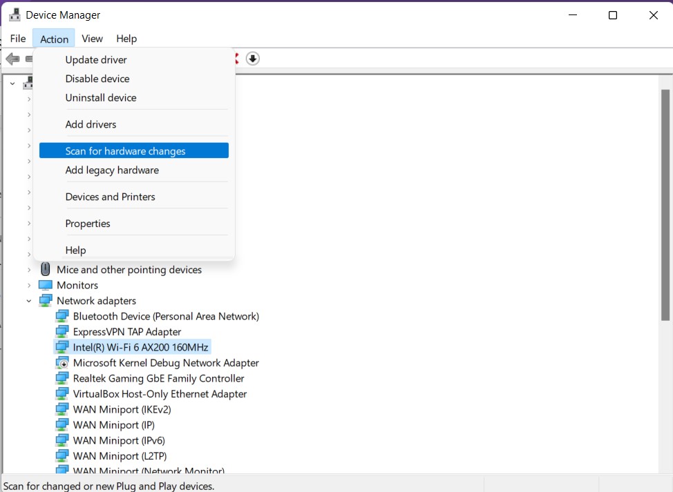 device manager scan for hardware changes