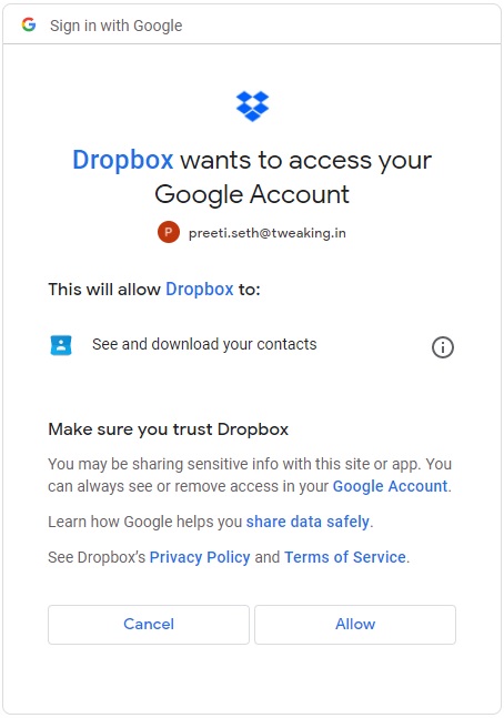 Dropbox grant permission 