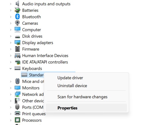 Find Keyboard and open properties - Device Manager