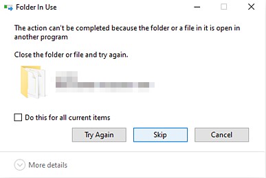  Folder in use popup appears