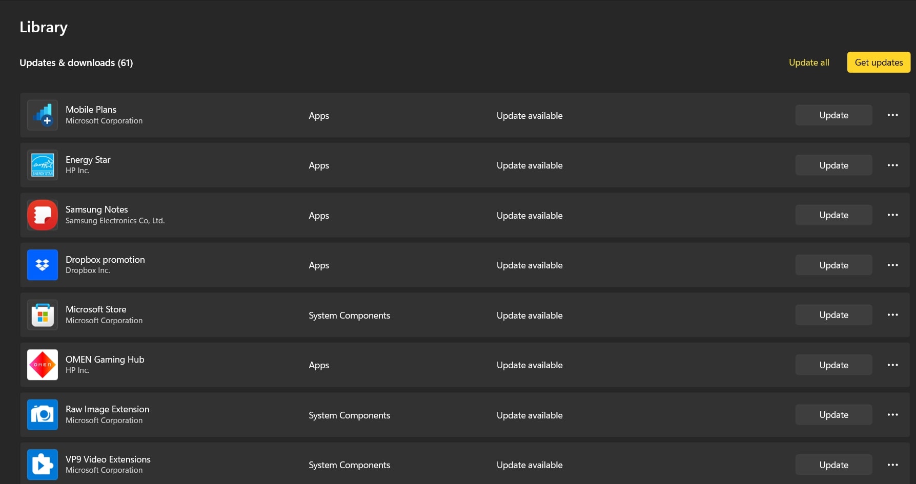Get Updates button in Library