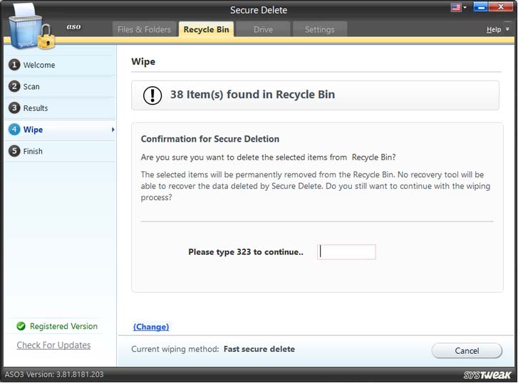 Confirm the action by entering the security code in the confirmation box