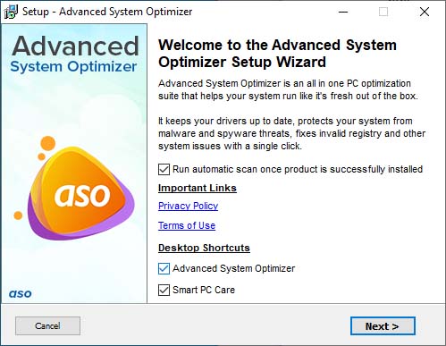 You’ll now see Advanced System Optimizer’s installation wizard. If you want to create Desktop shortcuts for Advanced System Optimizer and Smart PC Care, keep the box checked; else, uncheck them.