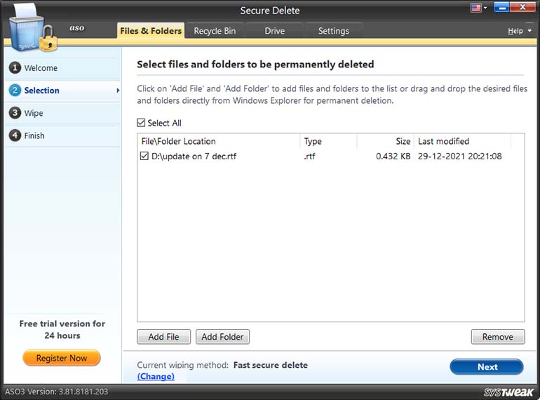 Check the items you wish to securely delete and click on the “Next” button.