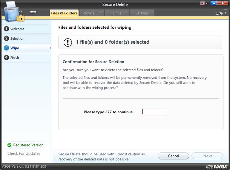Enter the confirmation code in the box to start the process and hit Next