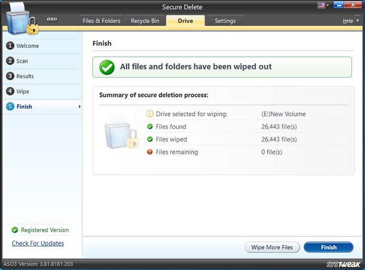 When the selected data is wiped