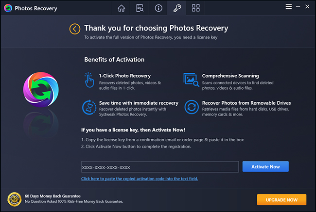 Paste the license key in the new window and click the blue