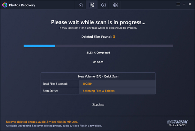 Next, click Start Scan and wait for the scanning process to finish. You'll be able to see the number of deleted photos, videos or audio files found.