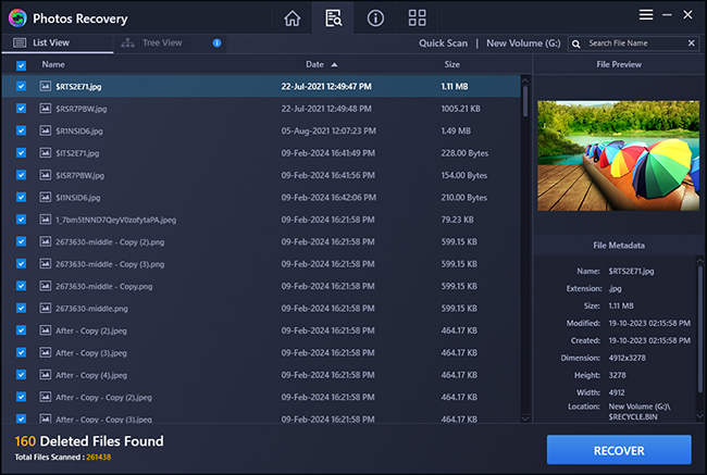 You'll now see the scan result with all files selected. If you don't want to recover all of them, select the photos, videos, or audio files you wish to recover and click the Recover button