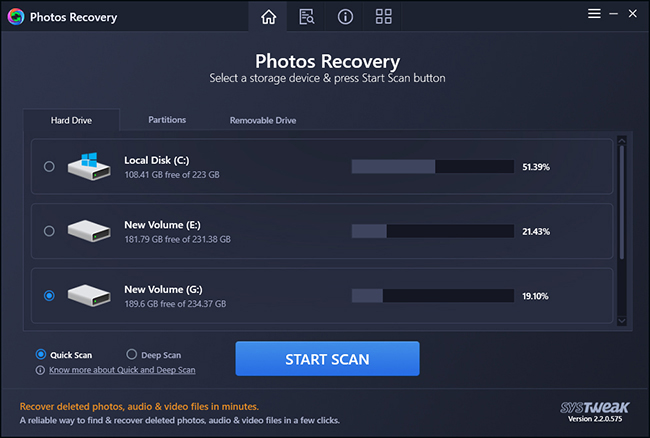 From the home screen select the drive to scan (internal or external).