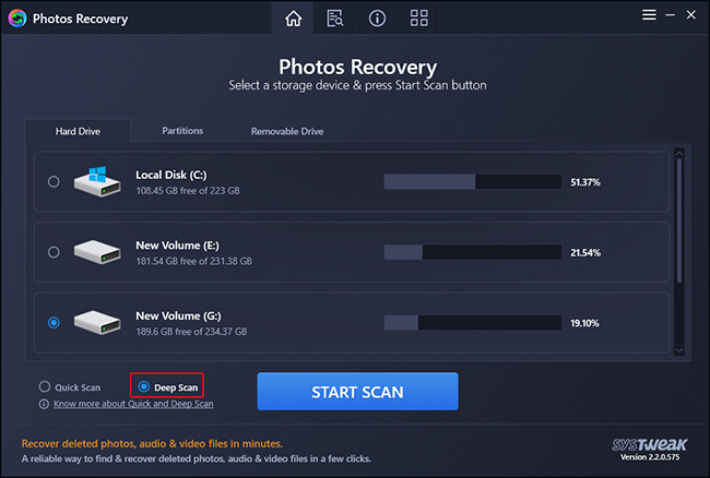 Select Deep Scan from the bottom left of your screen.