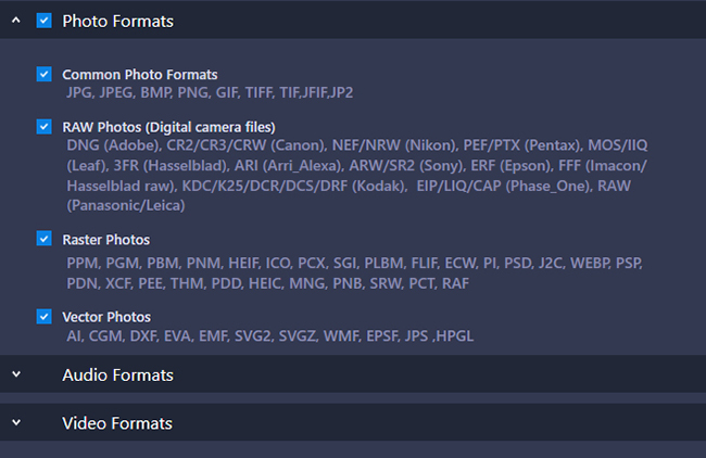 You will now see a list of all supported file formats 