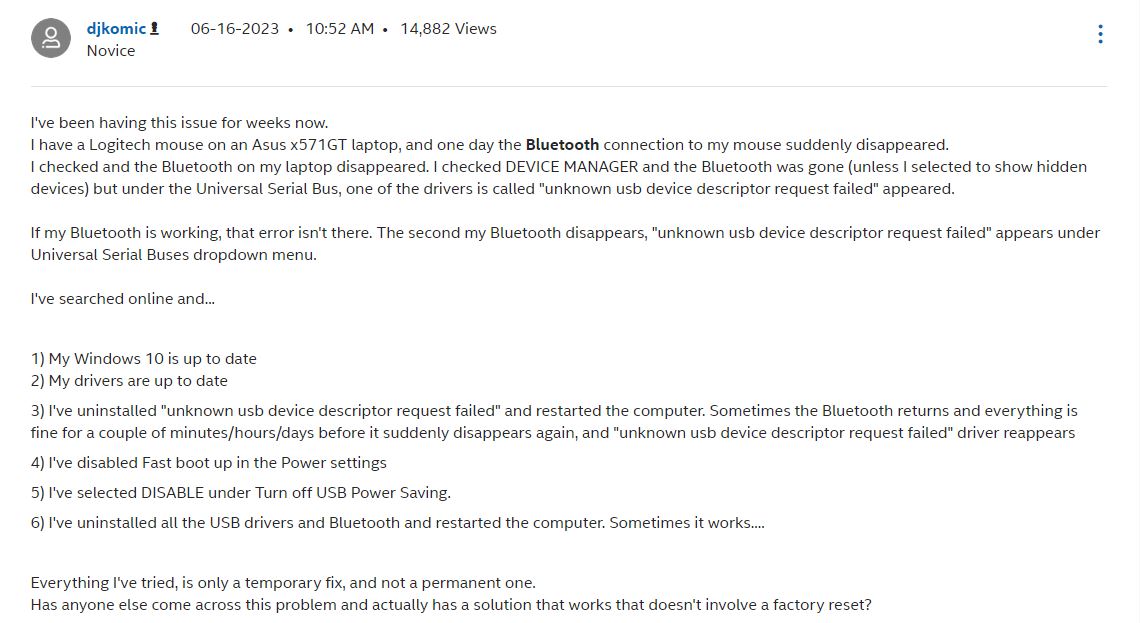 intel community query on unknown usb device descriptor request failed