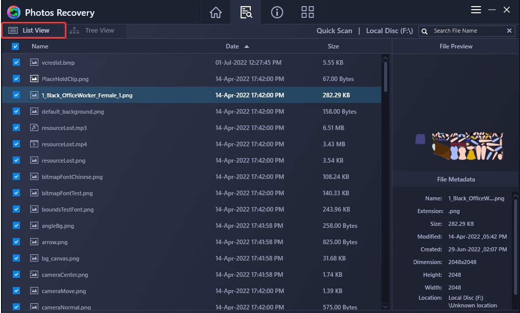 photos recovery list
