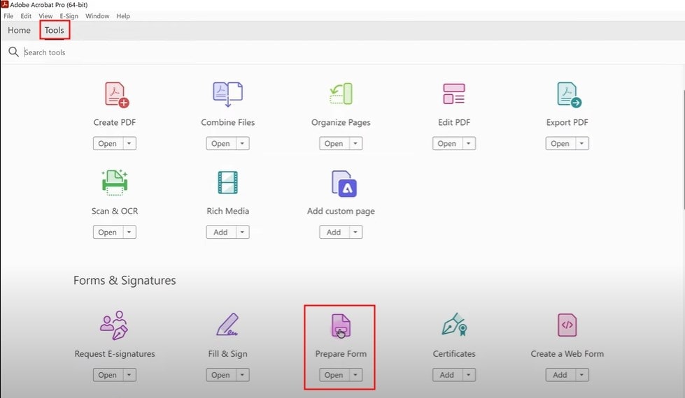 Prepare Form option in Adobe Acrobat Pro tools