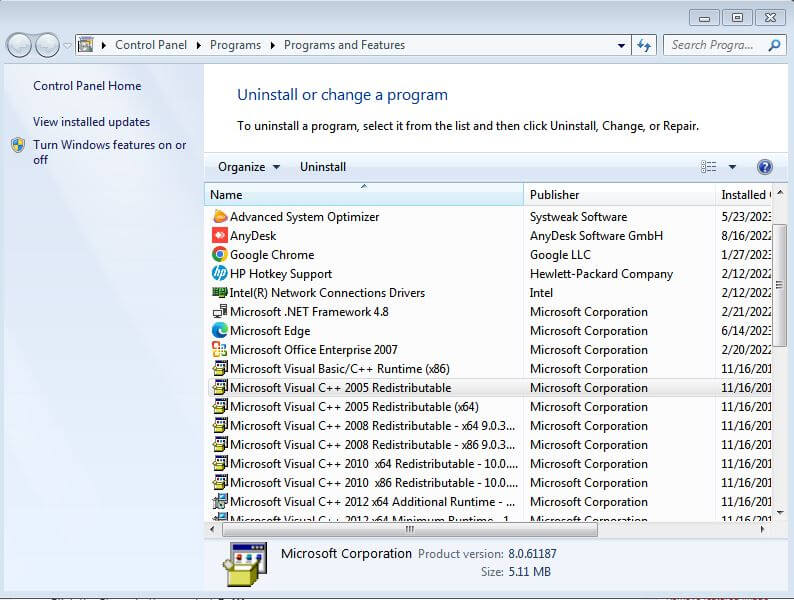 programs and features tab in control panel