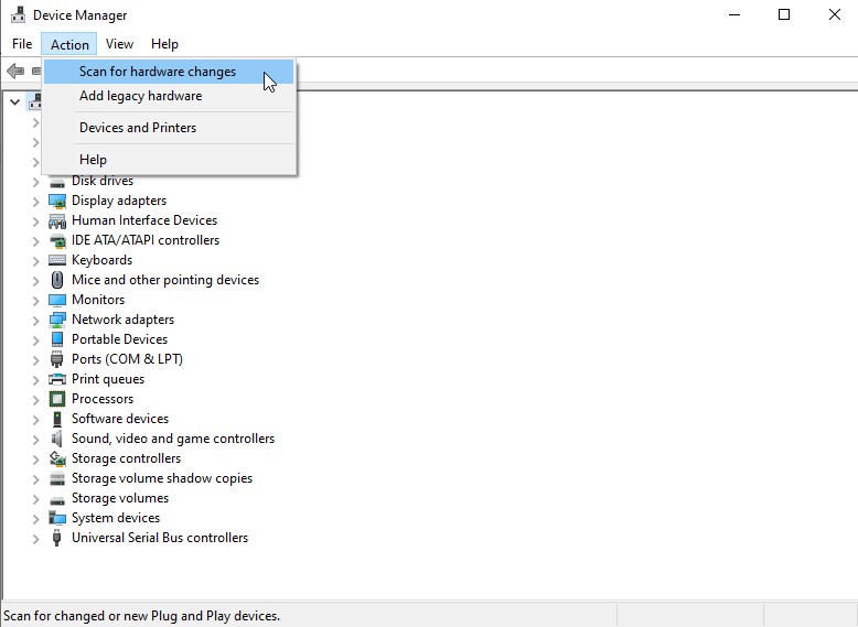 device manager scan device for hardware change