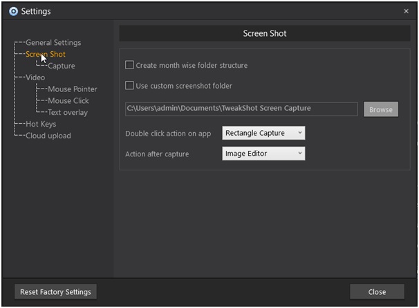 Screen Shot tab in settings