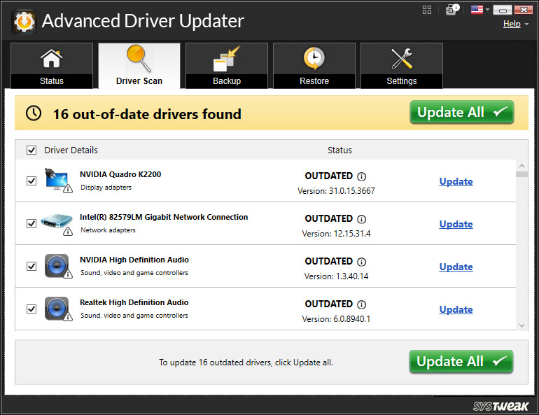 Driver updater Scanning Result