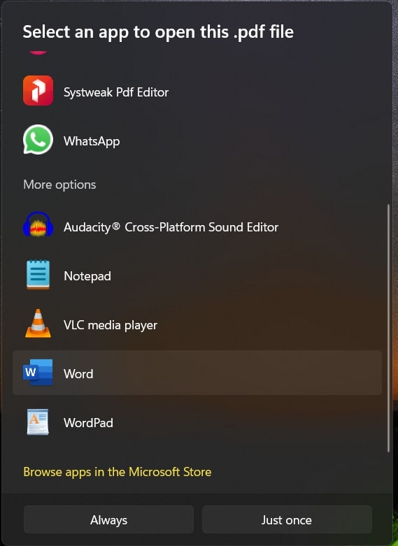 select an app to open with pdf