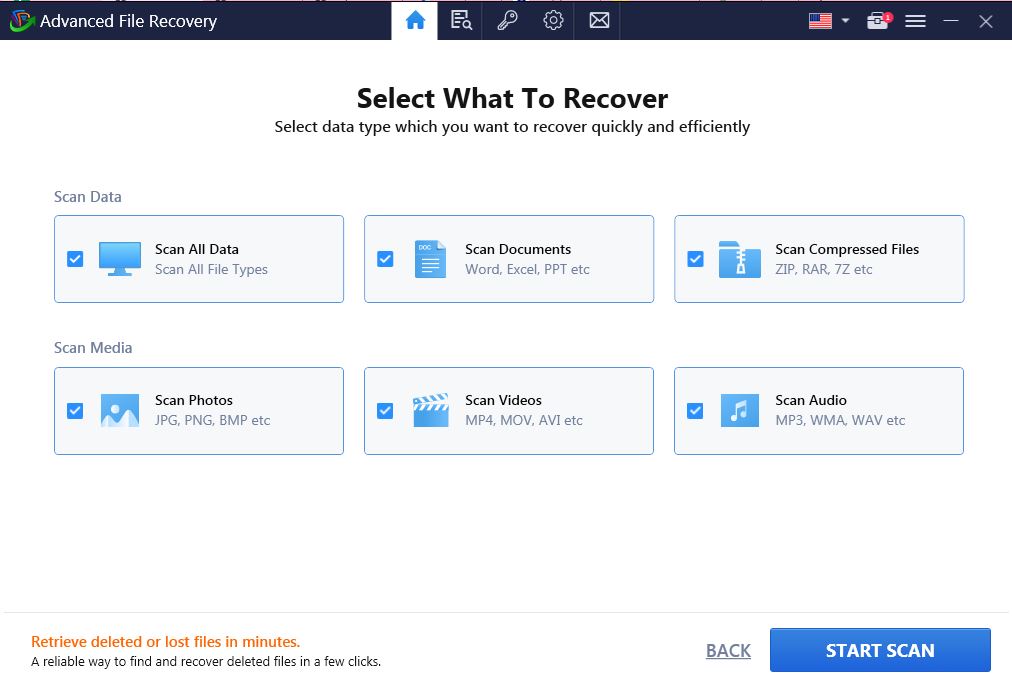 select data type which you want to recover- Advanced File Recovery