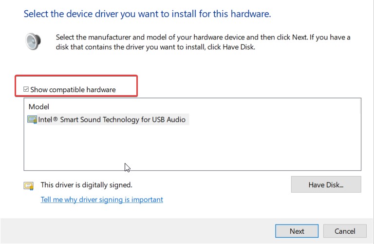 Check box Show compatible hardware