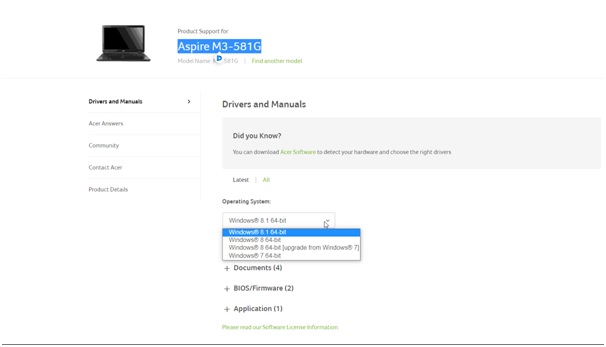 select operating system at acer website