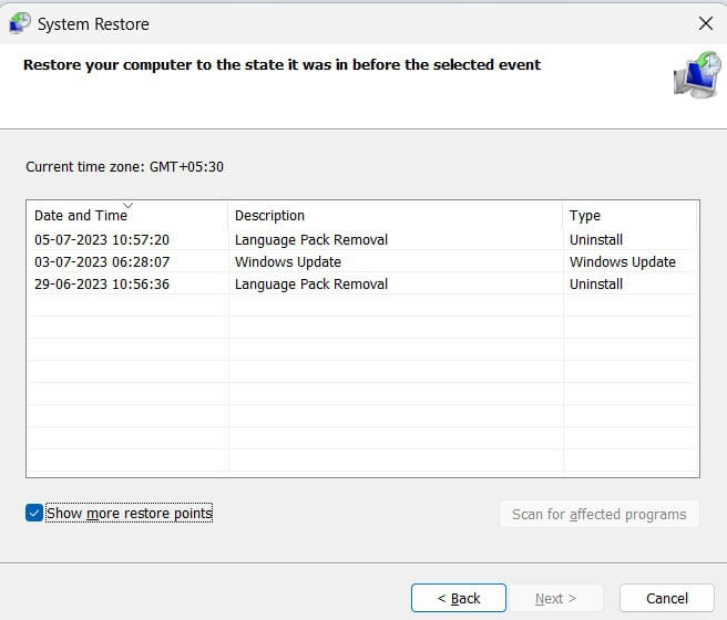 Select Restore Point from list