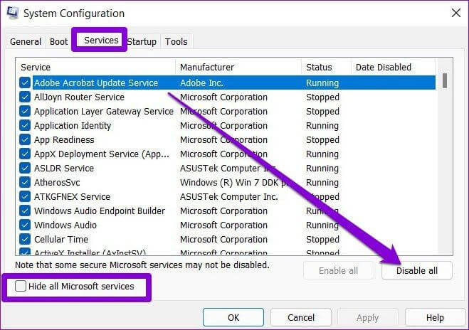 Services tab - System Configuration window