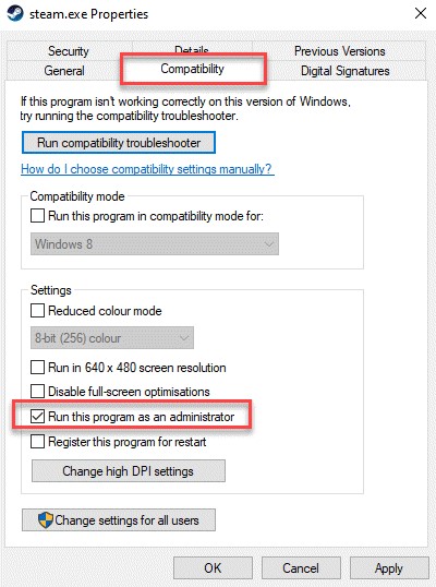 Run this program as an administrator in Compatibility